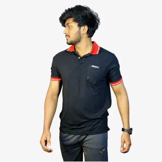 Men's Black Polo T-Shirt with Red Contrast Collar | Modern Slim Fit